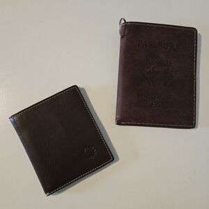 Lot of 2 - Classic Brown Leather Wallet and Passport Holder Set